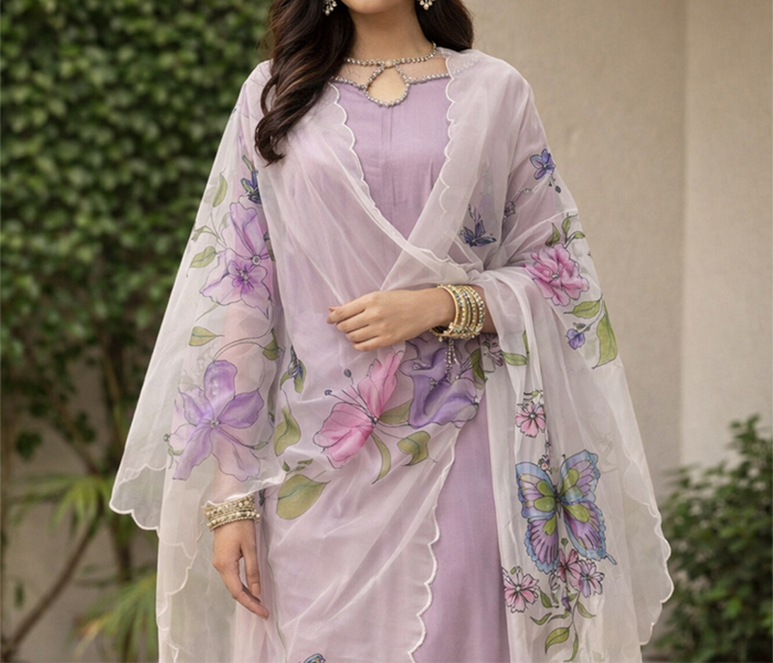 Beautifull Lavender base Floral hand painted organza dupatta
